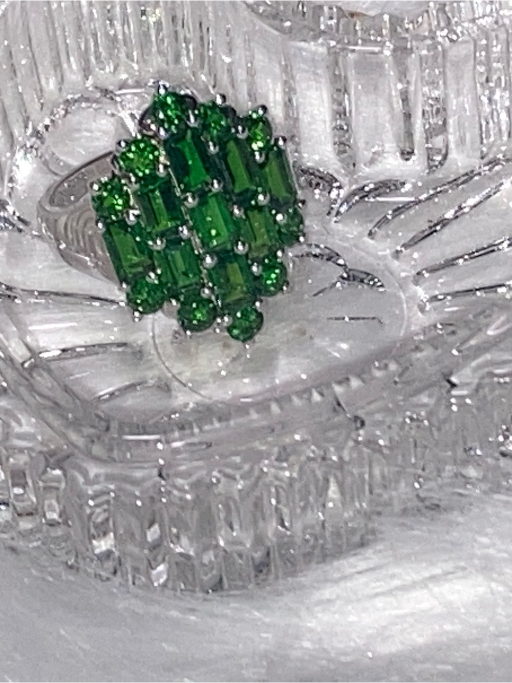 Green Baguette Cluster SS Ring